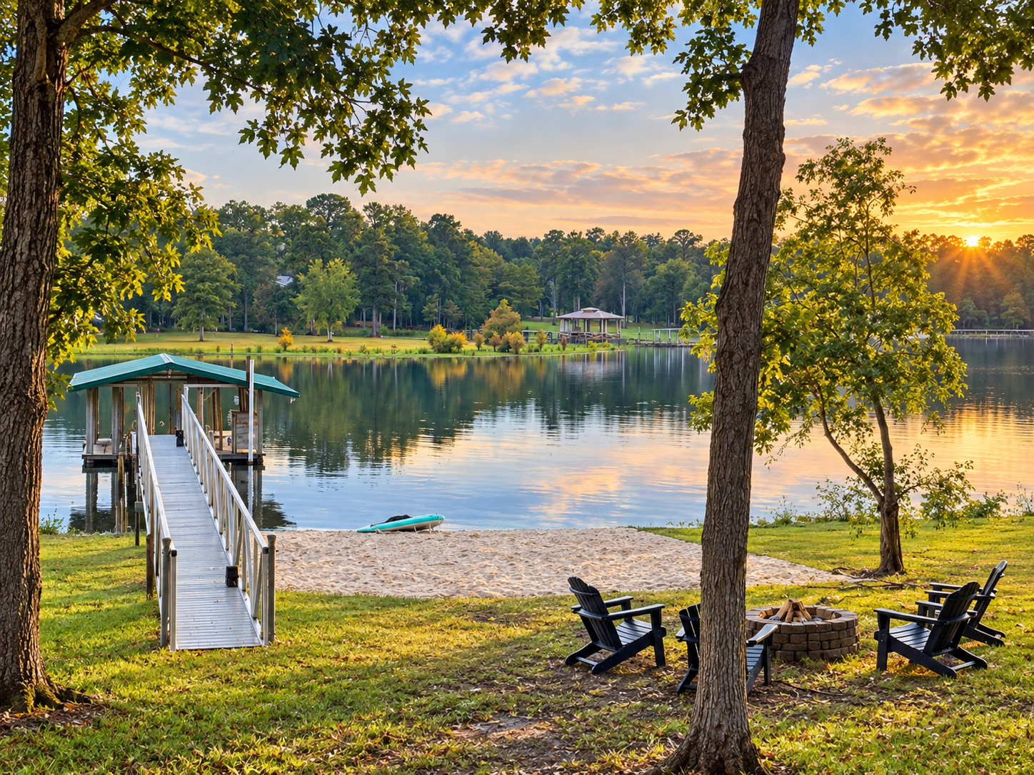 Outdoor fire pit glowing at dusk by the lake